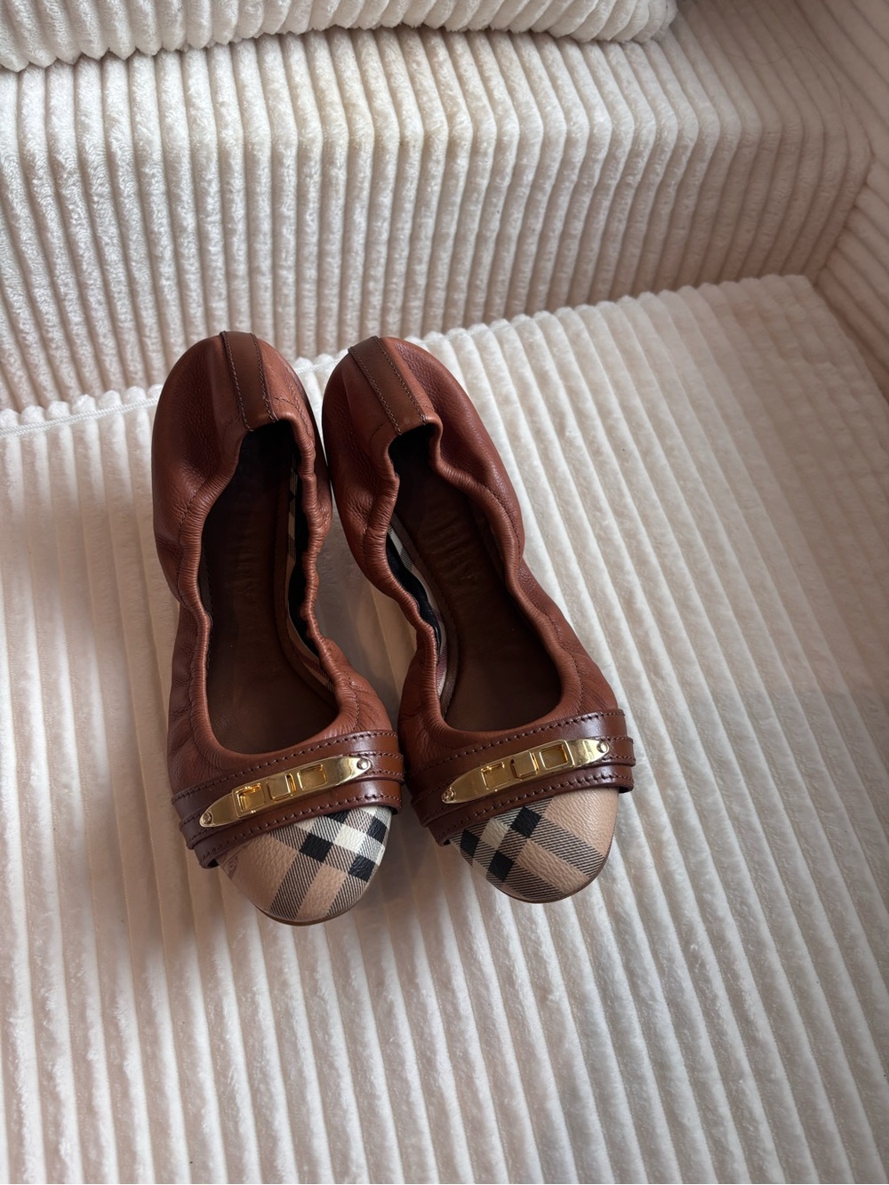Burberry Brown Leather Check Cap-Toe Ballet Flats 37